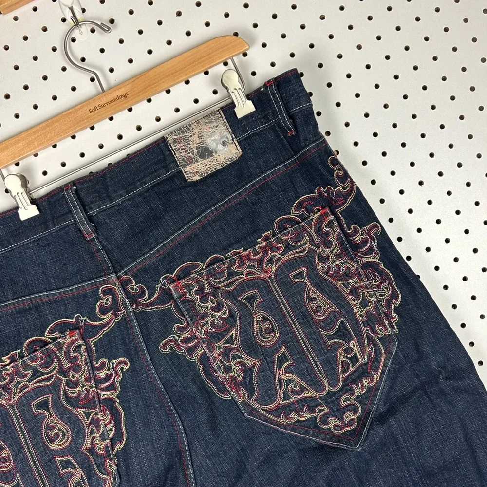 Red Ape Authentic Denim Shorts Size 46 Embroidered Baggy Y2K Hip Hop Gothic Blue